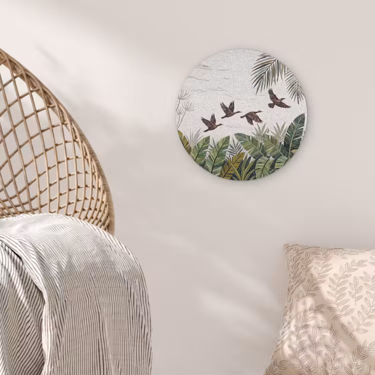 Vogel - Vliegend - Tropisch - Mozaïek - Groen Wandcirkel kunststof plaat 5mm dik klein -sfeer5