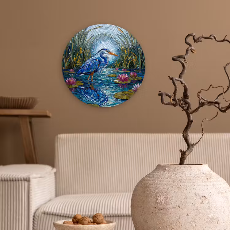 Vogel - Water - Natuur - Abstract - Blauw Wandcirkel kunststof plaat 5mm dik klein -sfeer1