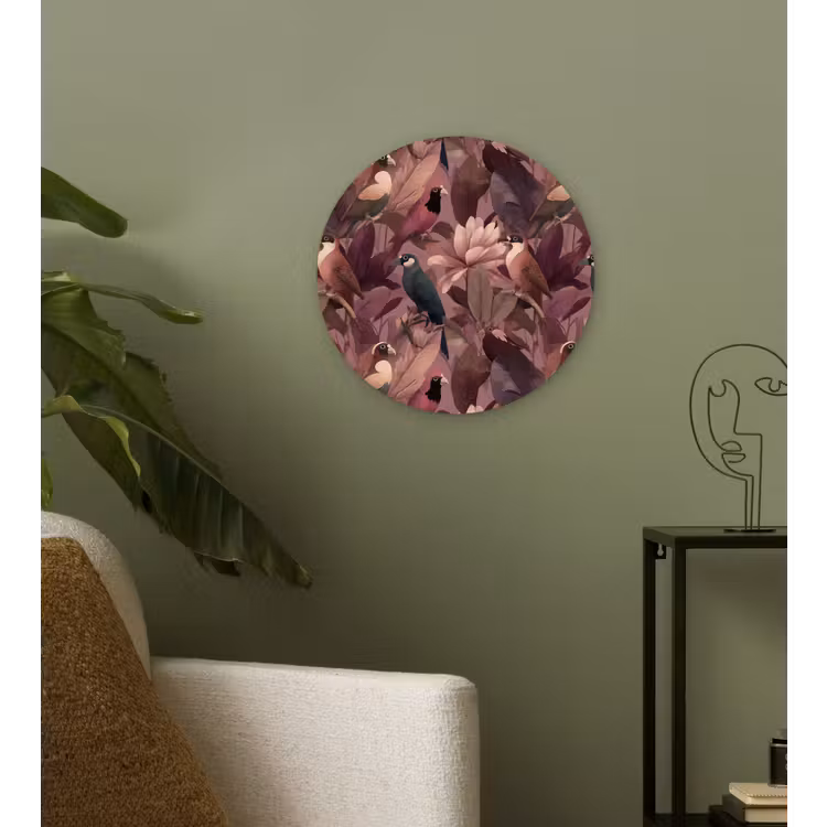 Vogels - Bladeren - Roze Wandcirkel kunststof plaat 5mm dik klein 188 -sfeer3