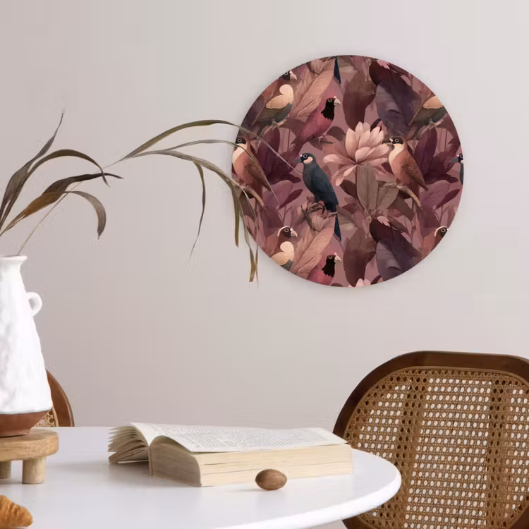 Vogels - Bladeren - Roze Wandcirkel kunststof plaat 5mm dik klein 188 -sfeer4