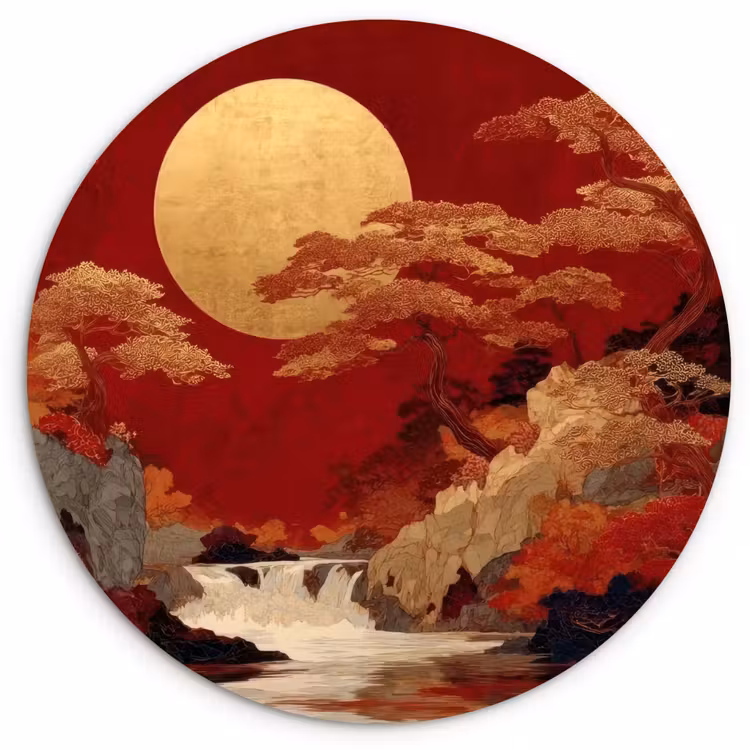 Volle maan - Landschap - Waterval Wandcirkel kunststof plaat 5mm dik klein -3d