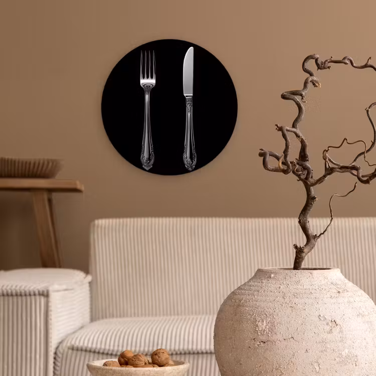 Vork - Mes - Zilver Wandcirkel kunststof plaat 5mm dik klein -sfeer1