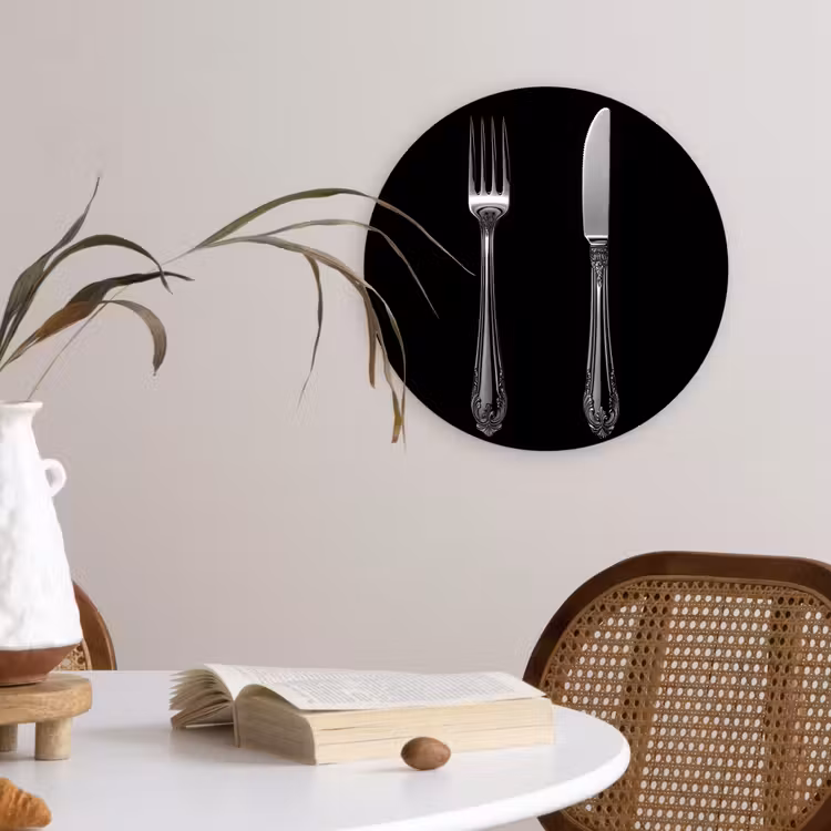 Vork - Mes - Zilver Wandcirkel kunststof plaat 5mm dik klein -sfeer4