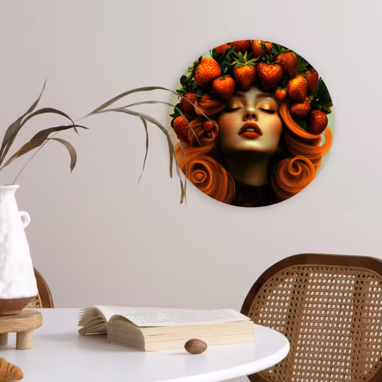 Vrouw - Aardbeien - Kroon Wandcirkel kunststof plaat 5mm dik klein -sfeer4