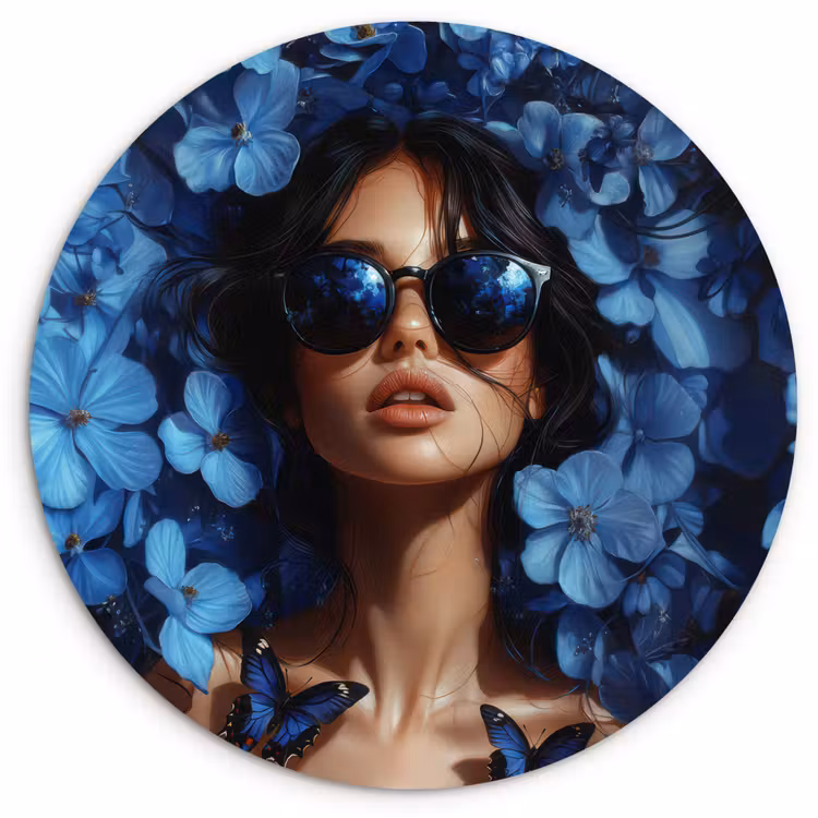 Vrouw - Blauw - Bloemen - Vlinders - Natuur Wandcirkel kunststof plaat 5mm dik klein -3d