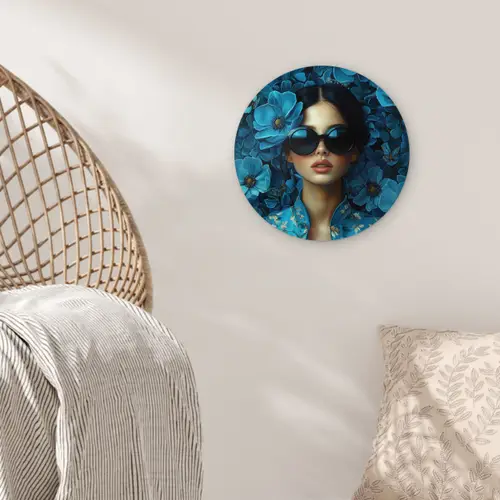 Vrouw - Bloemen - Blauw - Aesthetic - Luxe Wandcirkel kunststof plaat 5mm dik klein -sfeer5