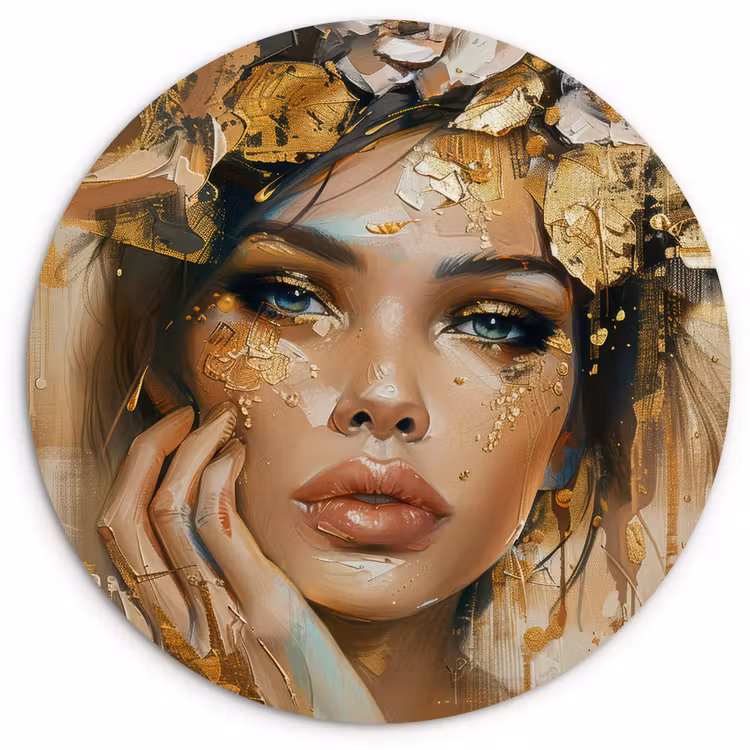 Vrouw - Bloemen - Goud - Portret Wandcirkel kunststof plaat 5mm dik klein -3d