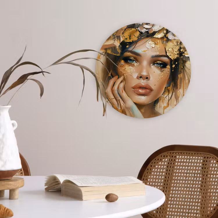 Vrouw - Bloemen - Goud - Portret Wandcirkel kunststof plaat 5mm dik klein -sfeer4