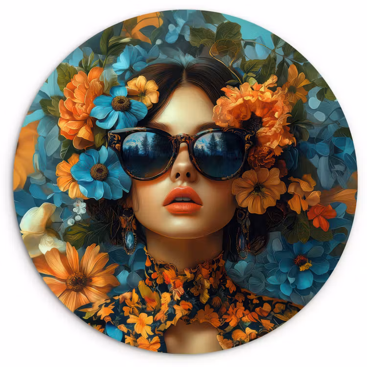 Vrouw - Bloemen - Oranje - Blauw - Modern Wandcirkel kunststof plaat 5mm dik klein -3d