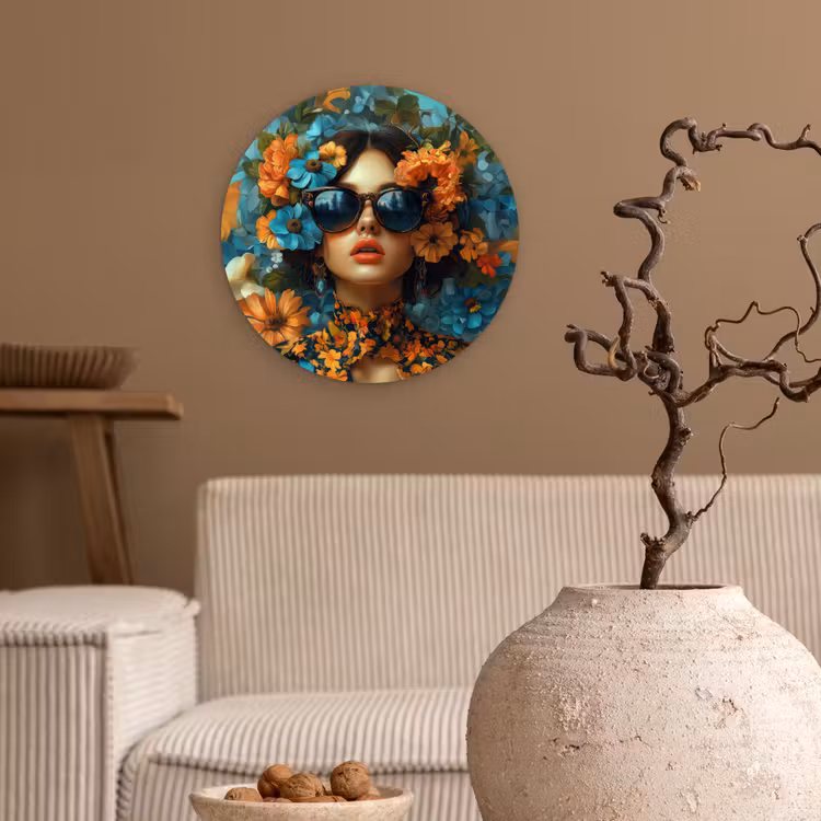 Vrouw - Bloemen - Oranje - Blauw - Modern Wandcirkel kunststof plaat 5mm dik klein -sfeer1