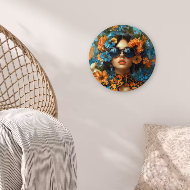 Vrouw - Bloemen - Oranje - Blauw - Modern Wandcirkel kunststof plaat 5mm dik klein -sfeer5