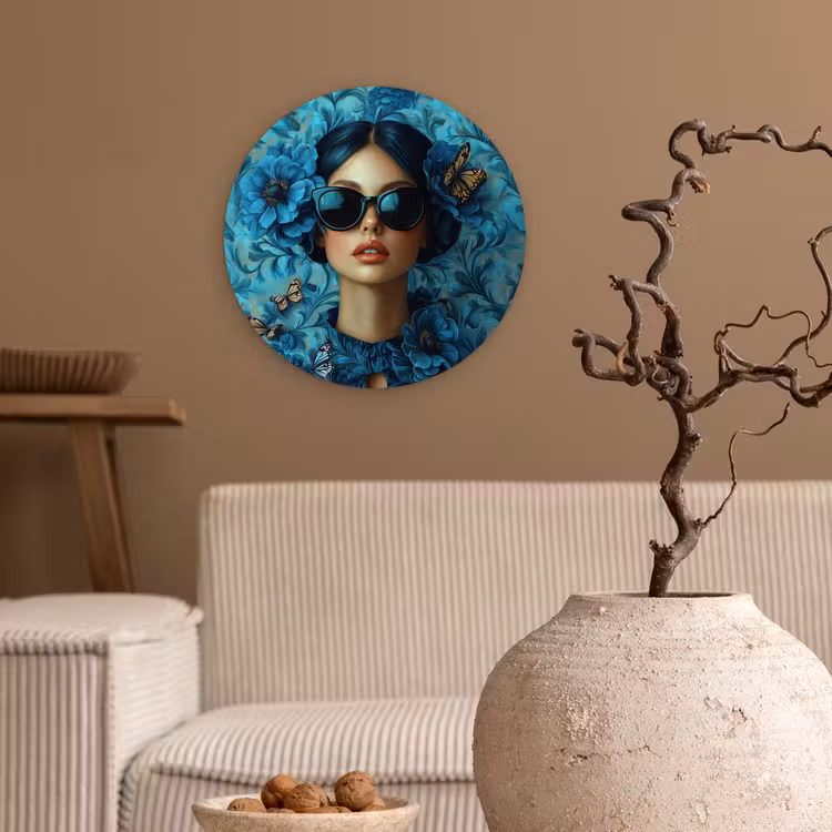 Vrouw - Bloemen - Vlinders - Blauw - Abstract Wandcirkel kunststof plaat 5mm dik klein -sfeer1