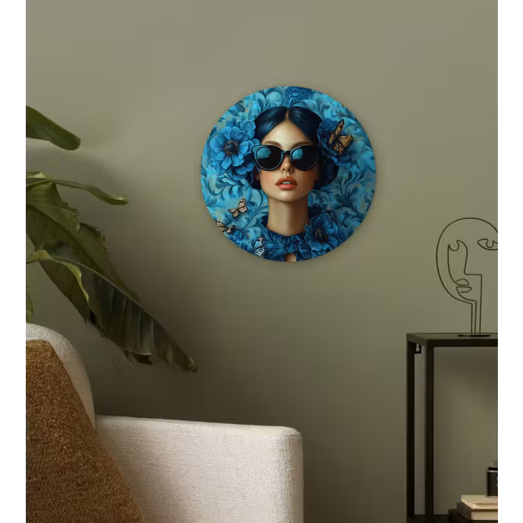 Vrouw - Bloemen - Vlinders - Blauw - Abstract Wandcirkel kunststof plaat 5mm dik klein -sfeer3