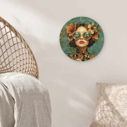 Vrouw - Bloemen - Vlinders - Natuur - Vintage Wandcirkel kunststof plaat 5mm dik klein -sfeer5