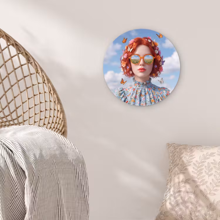 Vrouw - Bloemen - Zomer - Portret - Kleurrijk Wandcirkel kunststof plaat 5mm dik klein -sfeer5