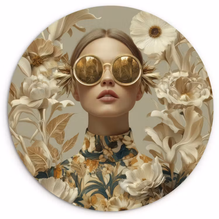 Vrouw - Bloemen - Zonnebril - Wit Wandcirkel kunststof plaat 5mm dik klein -3d