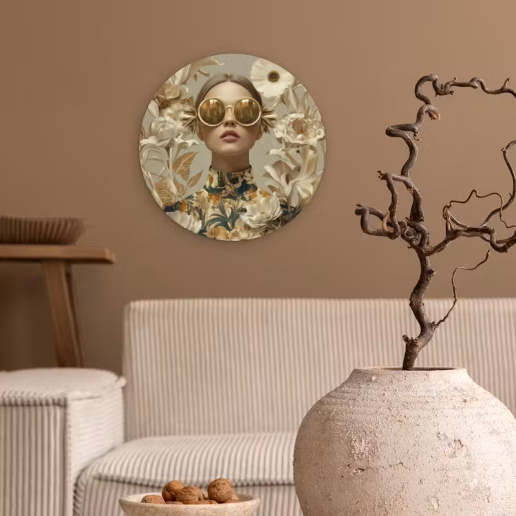 Vrouw - Bloemen - Zonnebril - Wit Wandcirkel kunststof plaat 5mm dik klein -sfeer1