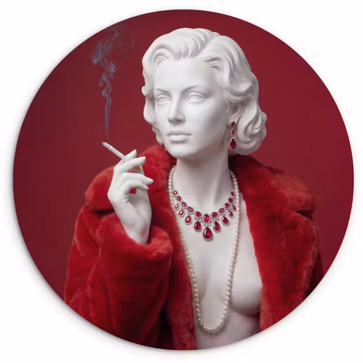 Vrouw - Bontjas - Mode - Klassiek - Rood Wandcirkel kunststof plaat 5mm dik klein -3d