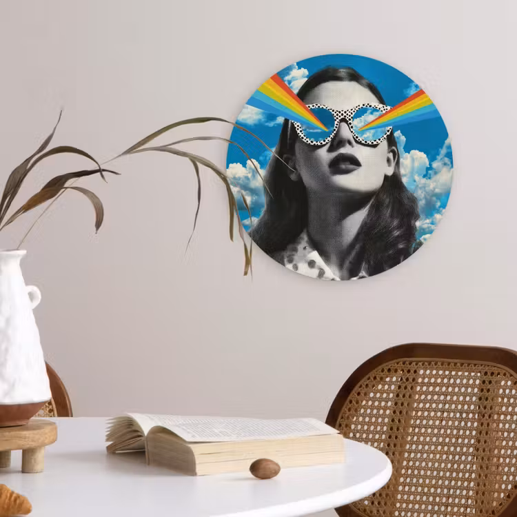 Vrouw - Bril - Regenboog - Wolken Wandcirkel kunststof plaat 5mm dik klein -sfeer4