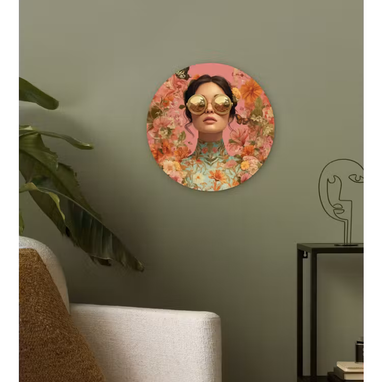 Vrouw - Bril - Roze - Bloemen Wandcirkel kunststof plaat 5mm dik klein -sfeer3