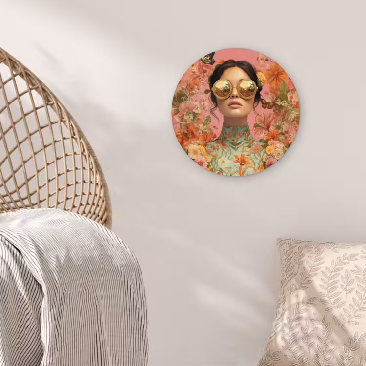 Vrouw - Bril - Roze - Bloemen Wandcirkel kunststof plaat 5mm dik klein -sfeer5