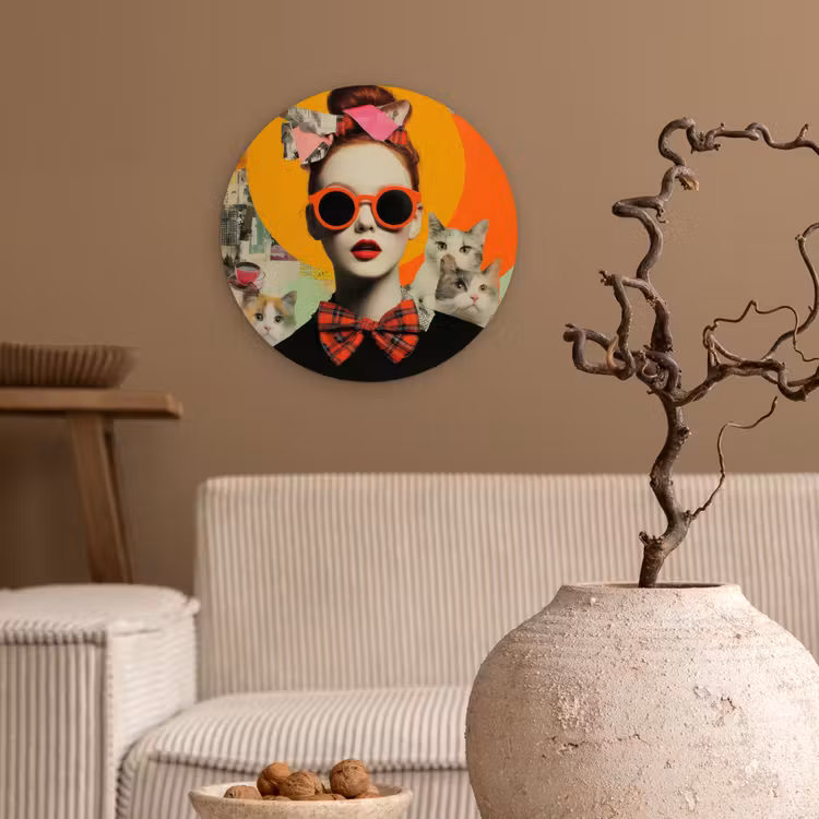 Vrouw - Bril - Strik - Retro Wandcirkel kunststof plaat 5mm dik klein -sfeer1