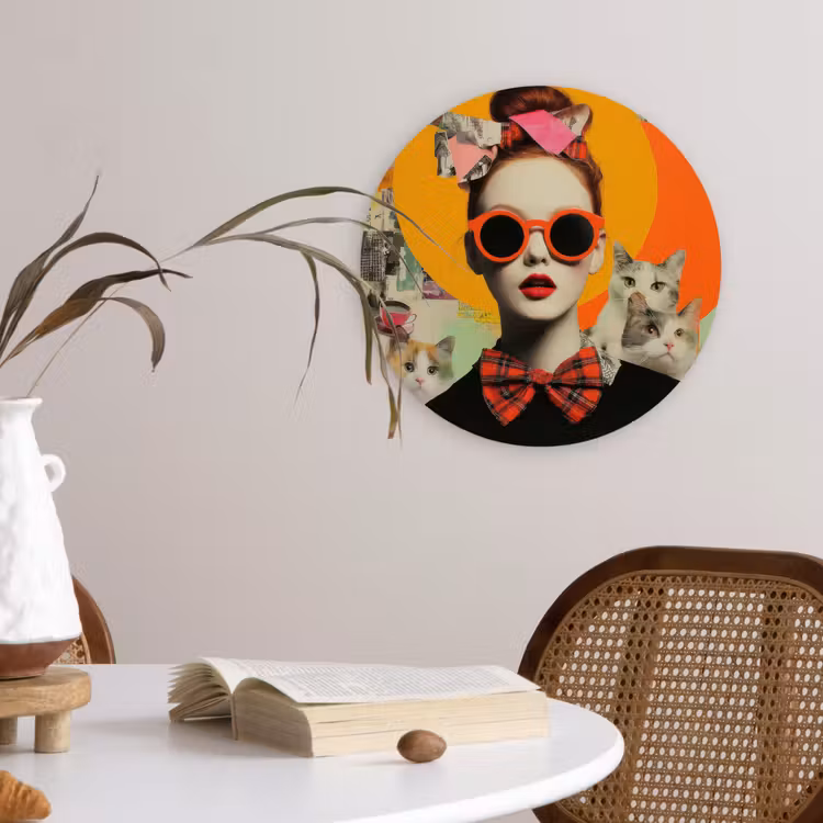 Vrouw - Bril - Strik - Retro Wandcirkel kunststof plaat 5mm dik klein -sfeer4