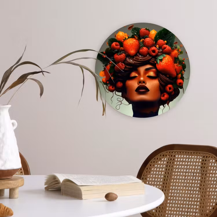 Vrouw - Chocolade - Frambozen - Aardbeien - Koekjes Wandcirkel kunststof plaat 5mm dik klein -sfeer4
