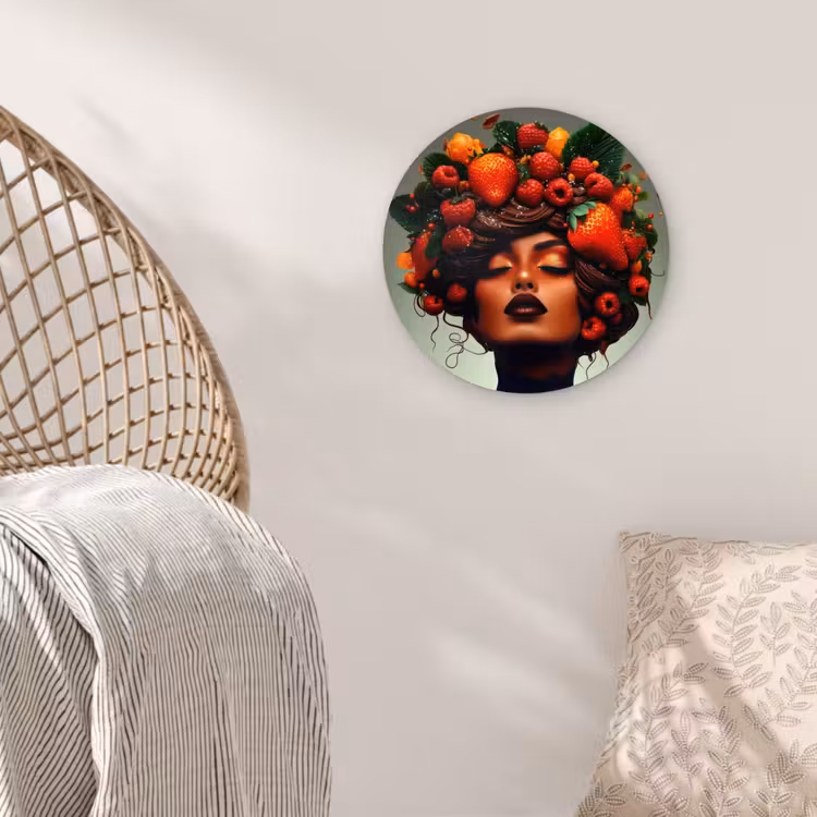 Vrouw - Chocolade - Frambozen - Aardbeien - Koekjes Wandcirkel kunststof plaat 5mm dik klein -sfeer5