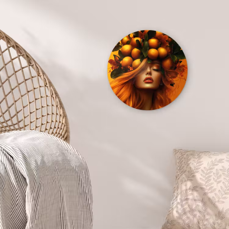 Vrouw - Citroenen - Bloesem - Geel Wandcirkel kunststof plaat 5mm dik klein -sfeer5