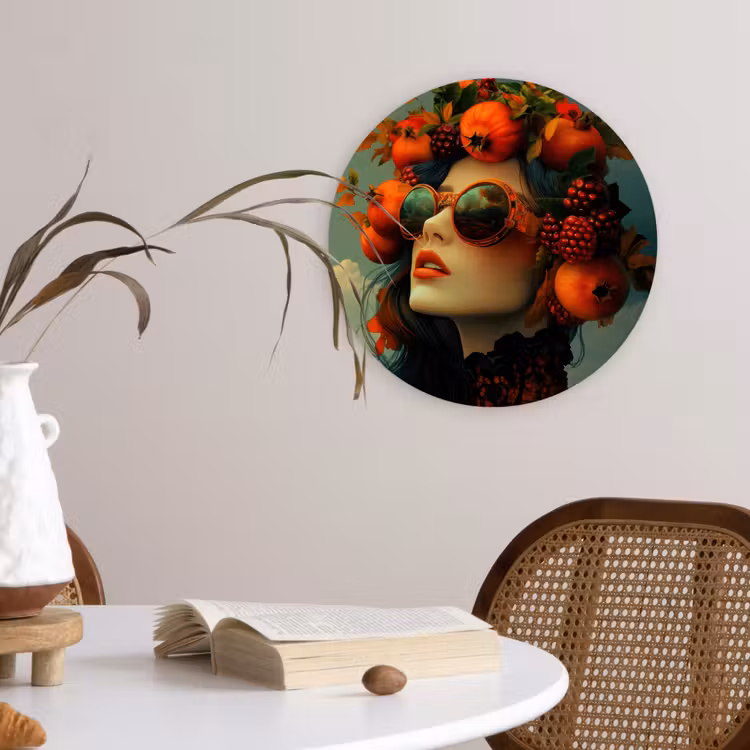 Vrouw - Granaatappel - Herfst - Zonnebril Wandcirkel kunststof plaat 5mm dik klein -sfeer4