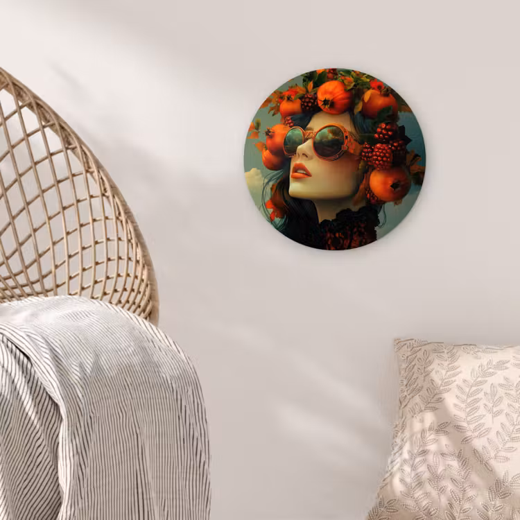 Vrouw - Granaatappel - Herfst - Zonnebril Wandcirkel kunststof plaat 5mm dik klein -sfeer5