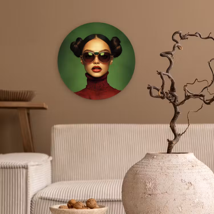 Vrouw - Groen - Bril - Aesthetic - Modern Wandcirkel kunststof plaat 5mm dik klein -sfeer1