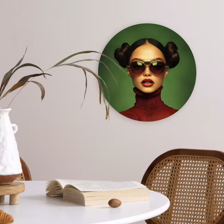 Vrouw - Groen - Bril - Aesthetic - Modern Wandcirkel kunststof plaat 5mm dik klein -sfeer4