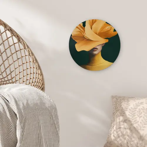 Vrouw - Hoed - Geel Wandcirkel kunststof plaat 5mm dik klein -sfeer5