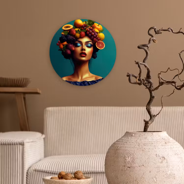 Vrouw - Hoodtooi - Tropisch - Fruit - Druiven Wandcirkel kunststof plaat 5mm dik klein -sfeer1
