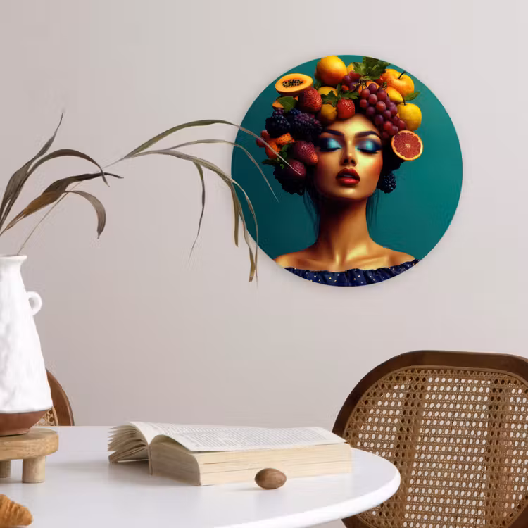 Vrouw - Hoodtooi - Tropisch - Fruit - Druiven Wandcirkel kunststof plaat 5mm dik klein -sfeer4