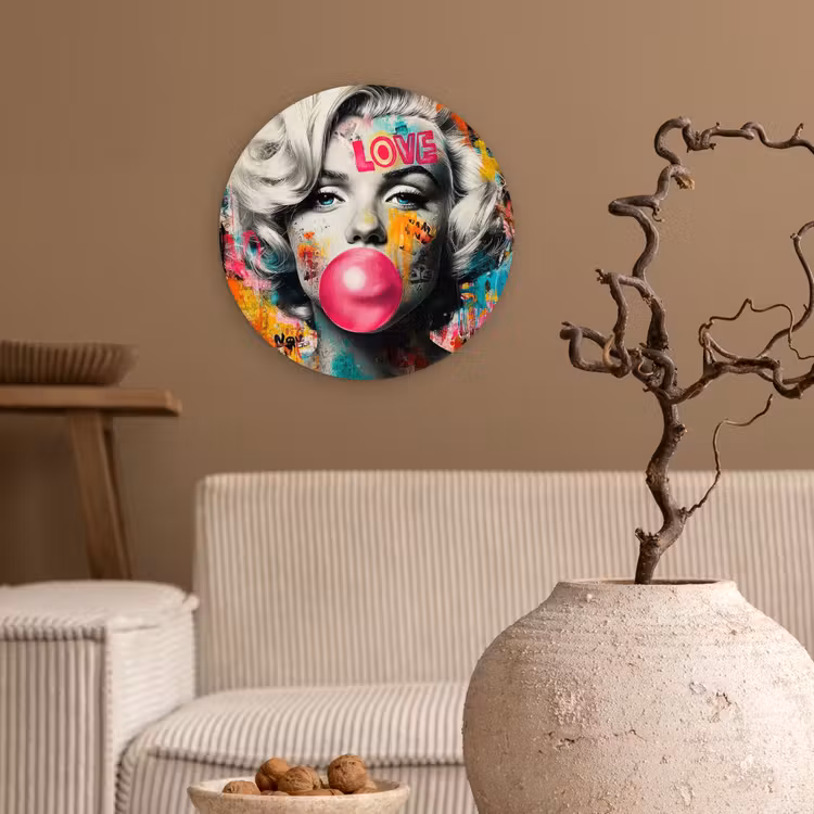 Vrouw - Kauwgom - Graffiti - Neonkleuren Wandcirkel kunststof plaat 5mm dik klein -sfeer1