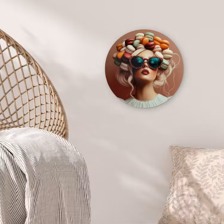Vrouw - Macarons - Bril Wandcirkel kunststof plaat 5mm dik klein -sfeer5