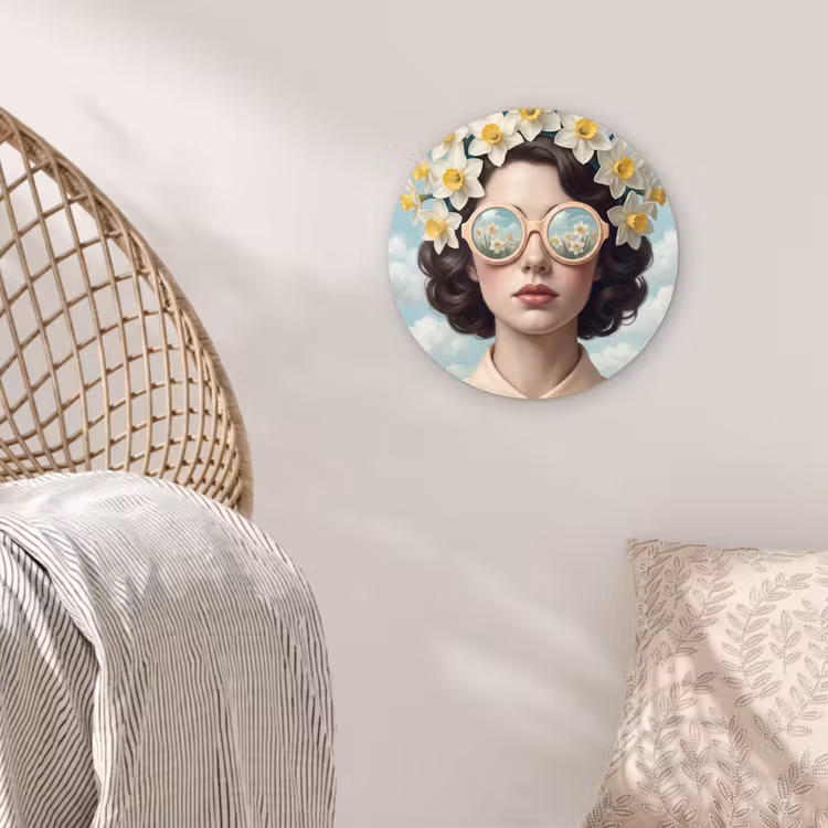 Vrouw - Narcissen - Geel Wandcirkel kunststof plaat 5mm dik klein -sfeer5