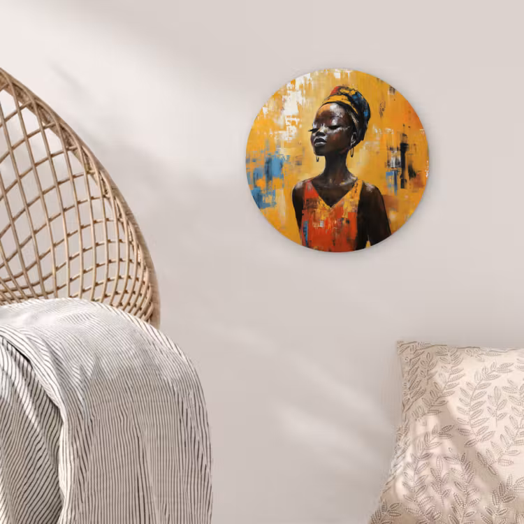 Vrouw - Ogen - Penseelstreken - Geel Wandcirkel kunststof plaat 5mm dik klein -sfeer5