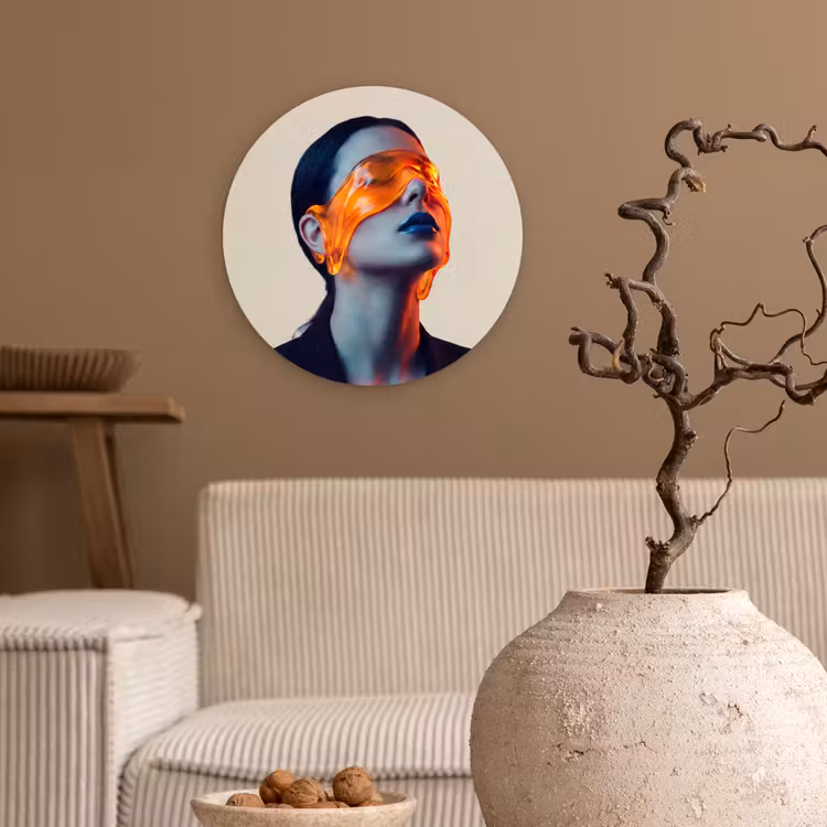Vrouw - Oranje - Abstract - Modern - Kleurrijk Wandcirkel kunststof plaat 5mm dik klein -sfeer1