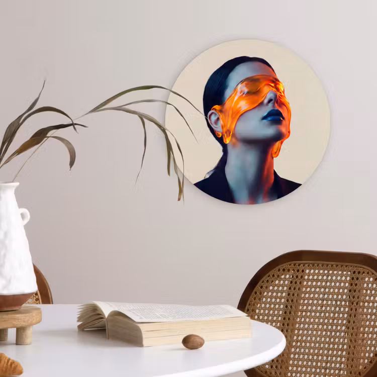 Vrouw - Oranje - Abstract - Modern - Kleurrijk Wandcirkel kunststof plaat 5mm dik klein -sfeer4