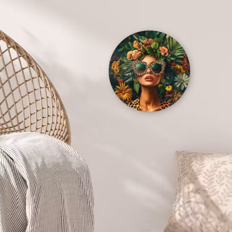 Vrouw - Panterprint - Jungle - Natuur - Luxe Wandcirkel kunststof plaat 5mm dik klein -sfeer5