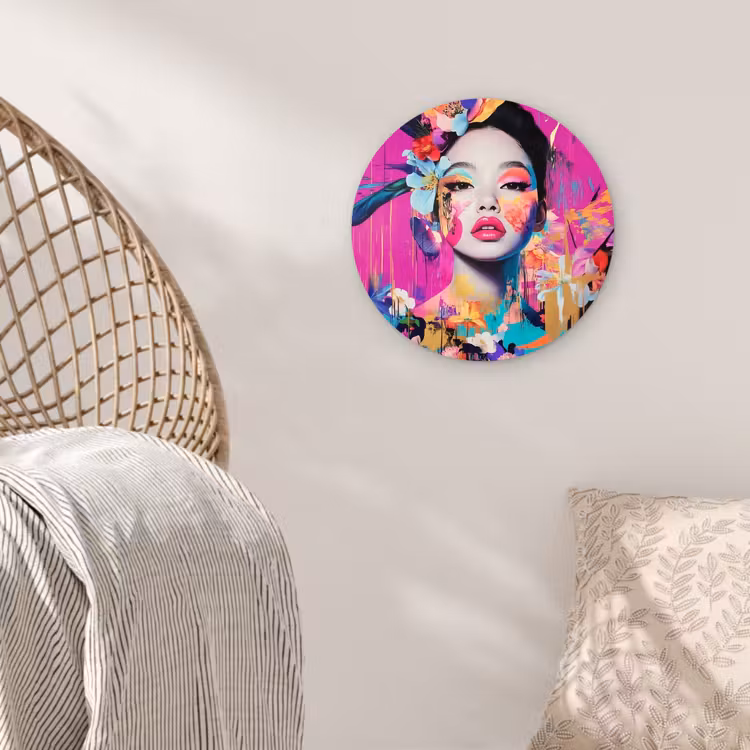 Vrouw - Portret - Abstract - Paars Wandcirkel kunststof plaat 5mm dik klein -sfeer5