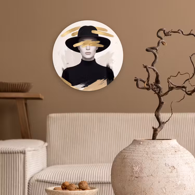 Vrouw - Portret - Modern - Goud - Kunst Wandcirkel kunststof plaat 5mm dik klein -sfeer1