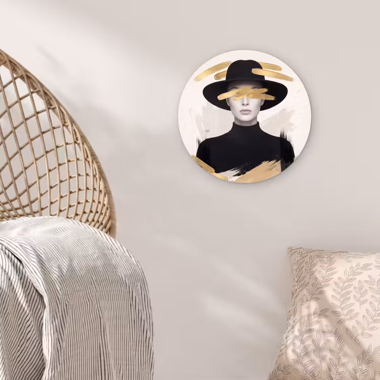 Vrouw - Portret - Modern - Goud - Kunst Wandcirkel kunststof plaat 5mm dik klein -sfeer5