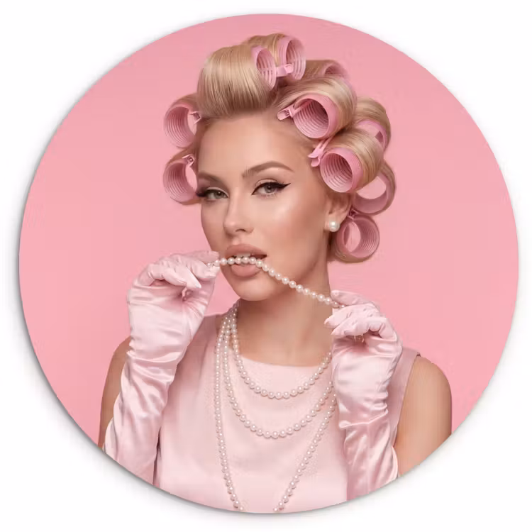 Vrouw - Roze - Parelketting - Krulspelden Wandcirkel kunststof plaat 5mm dik klein -3d