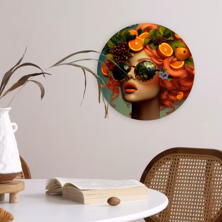 Vrouw - Sinaasappel - Bessen - Oranje Wandcirkel kunststof plaat 5mm dik klein -sfeer4