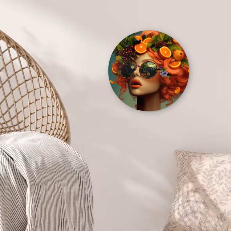 Vrouw - Sinaasappel - Bessen - Oranje Wandcirkel kunststof plaat 5mm dik klein -sfeer5